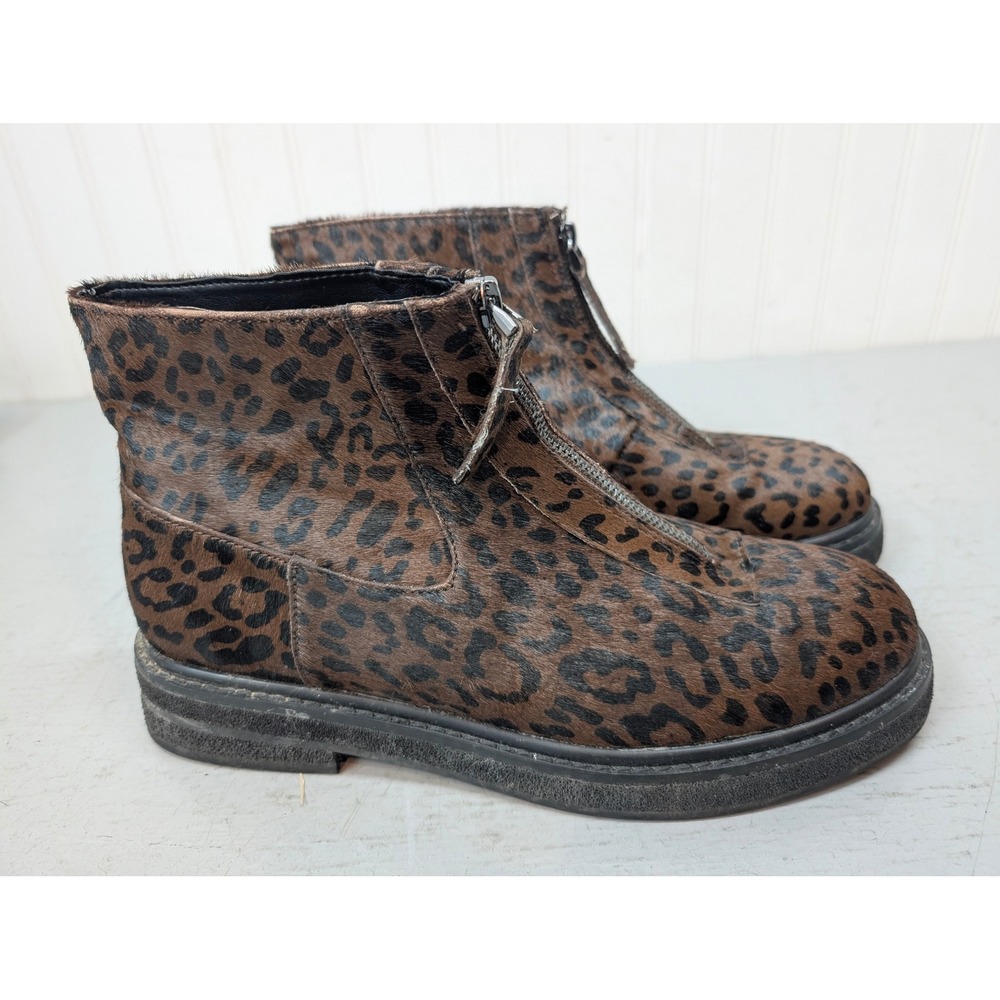 Aerosoles Vale Ankle Boot Leopard Calf Hair Women's 9M Brown Leather Front Zip